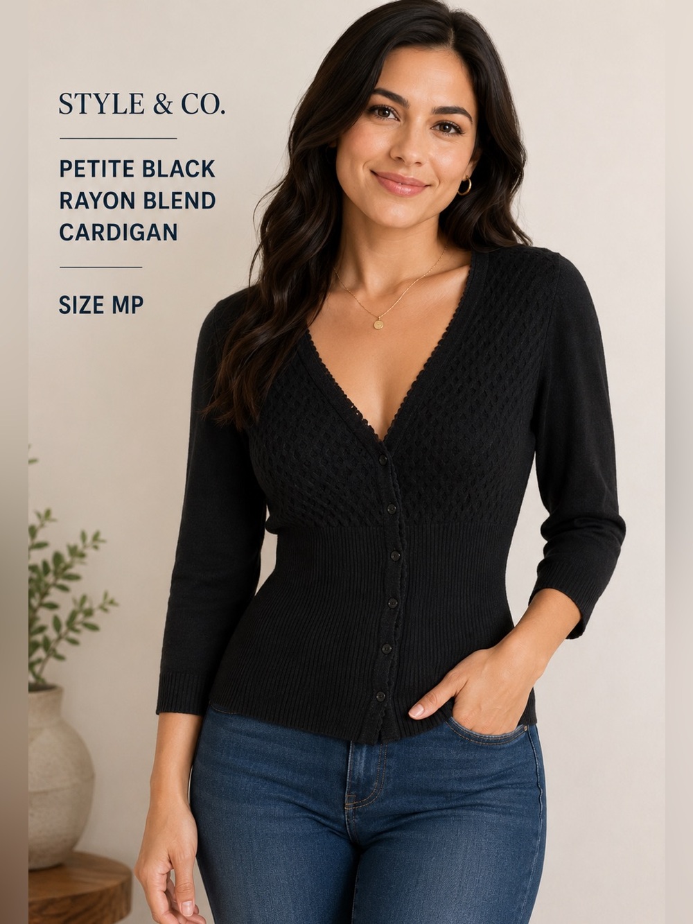 Style & Co Petite Y2K retro black Deep V Neck Cardigan Fitted Button Front/ M